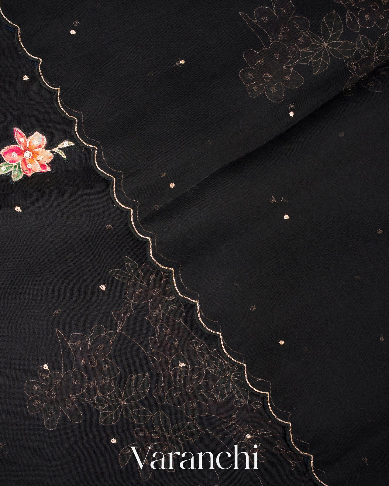 Black Digital Printed and Embroidered Pure Kora Silk Saree