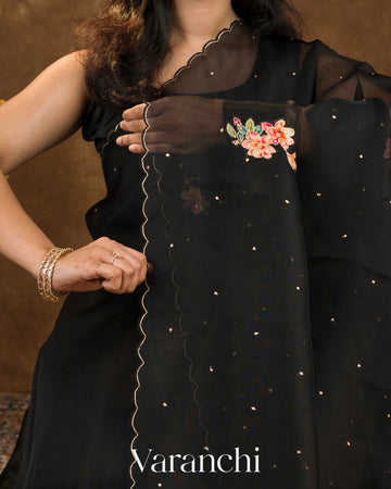 Black Digital Printed and Embroidered Pure Kora Silk Saree