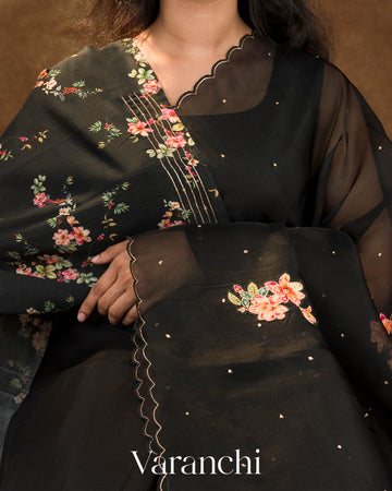 Black Digital Printed and Embroidered Pure Kora Silk Saree