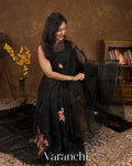 Black Digital Printed and Embroidered Pure Kora Silk Saree