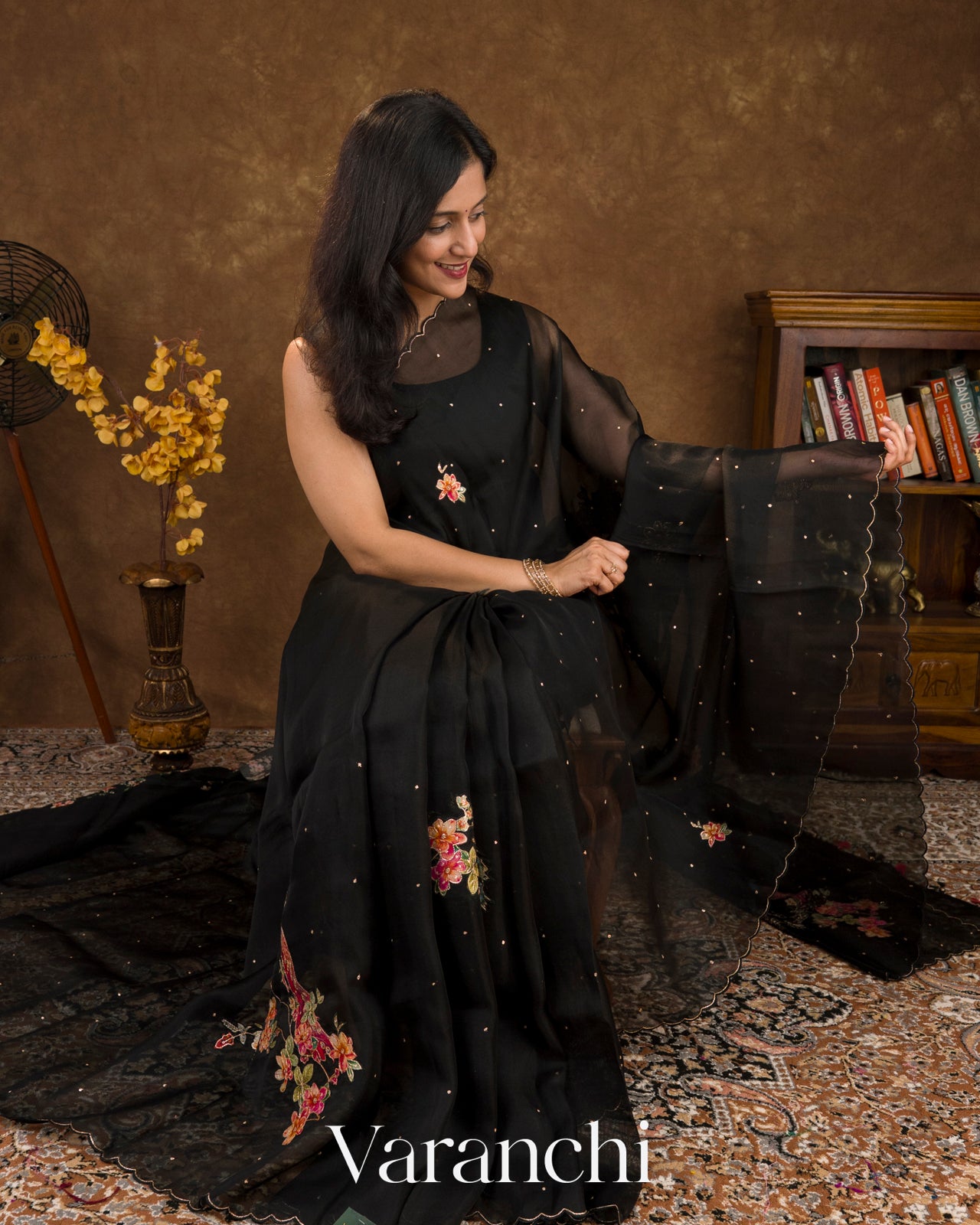 Black Digital Printed and Embroidered Pure Kora Silk Saree
