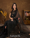 Black Digital Printed and Embroidered Pure Kora Silk Saree