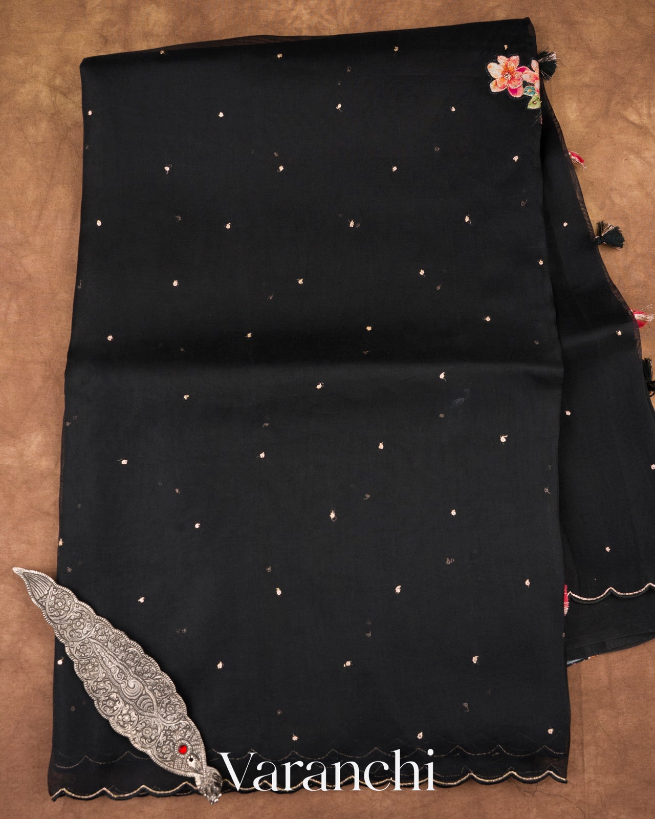 Black Digital Printed and Embroidered Pure Kora Silk Saree