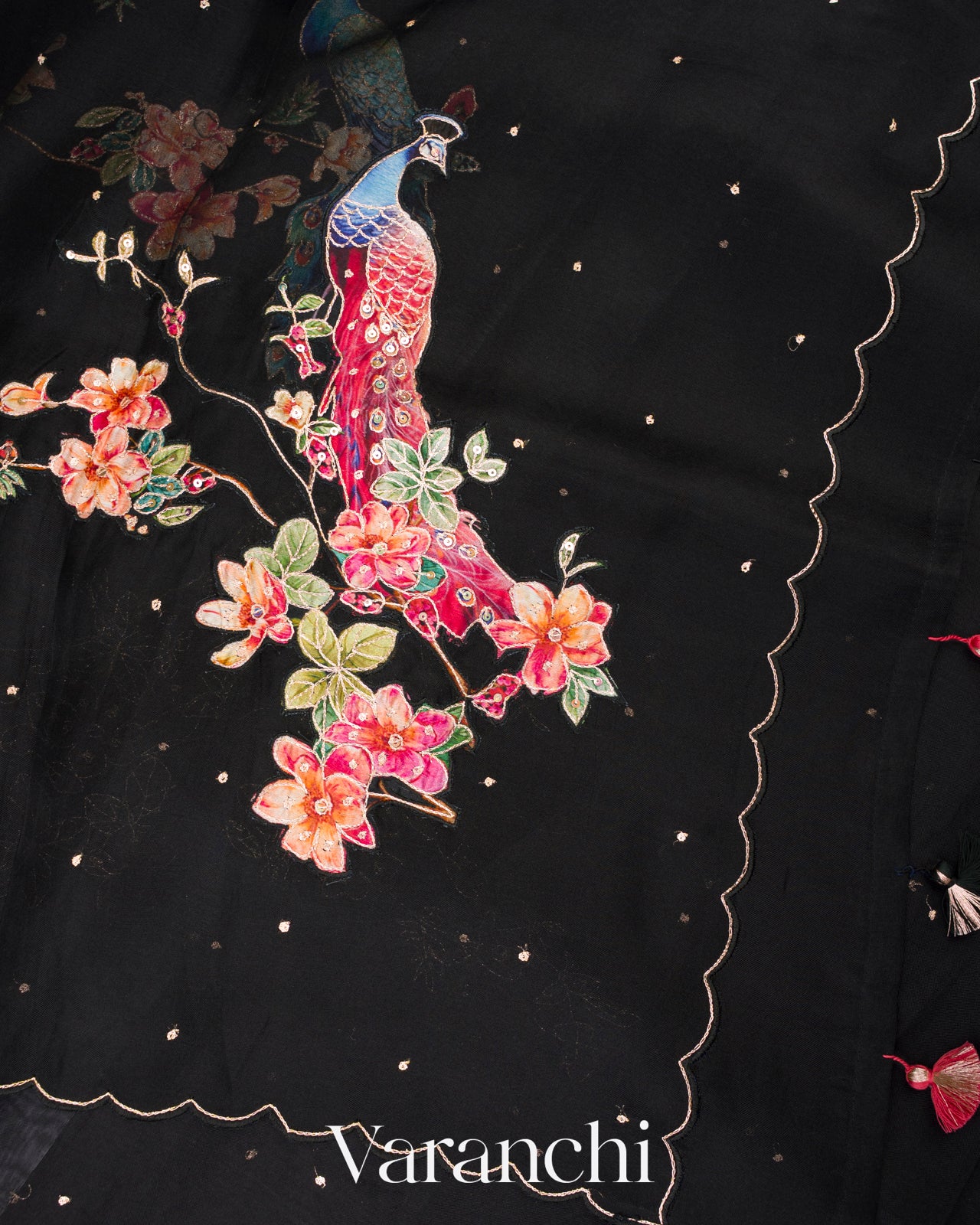 Black Digital Printed and Embroidered Pure Kora Silk Saree