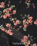 Black Digital Printed and Embroidered Pure Kora Silk Saree