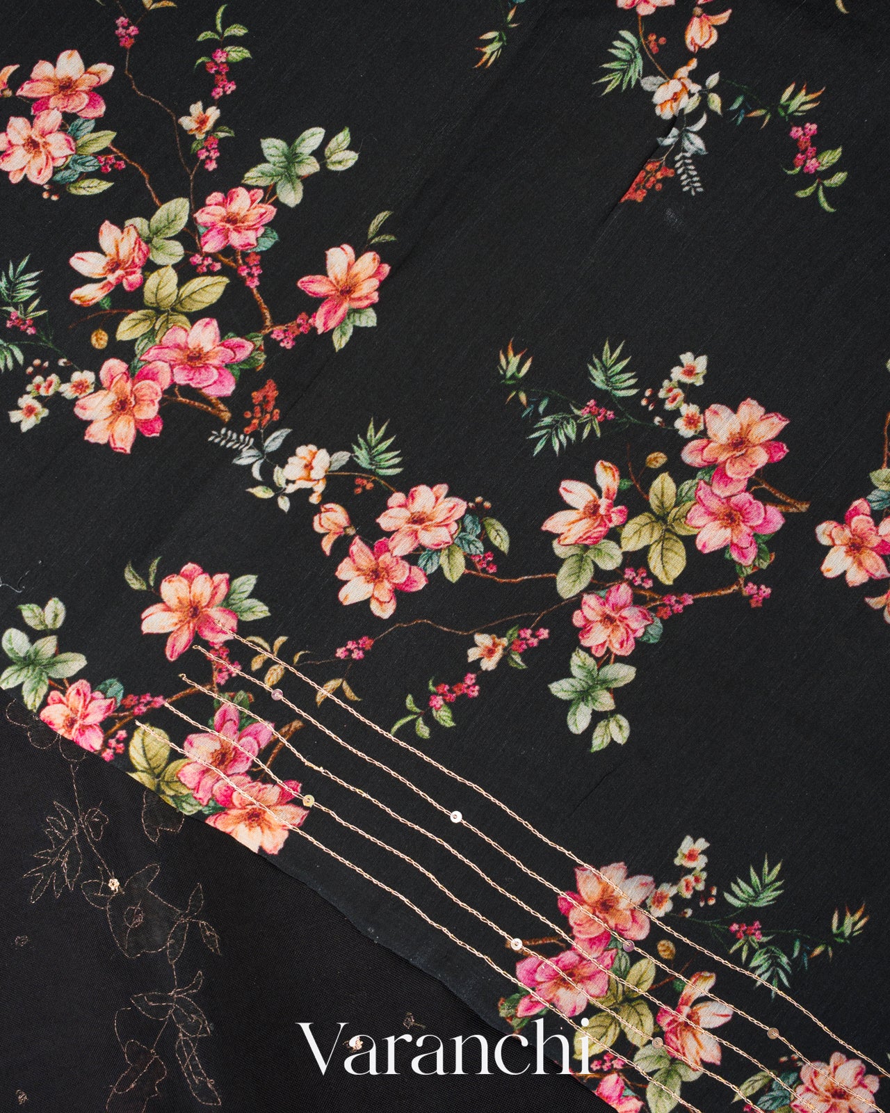 Black Digital Printed and Embroidered Pure Kora Silk Saree