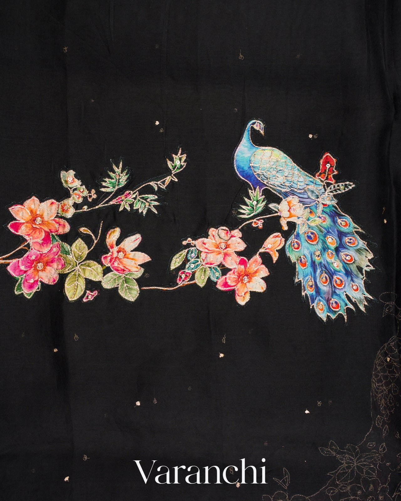 Black Digital Printed and Embroidered Pure Kora Silk Saree