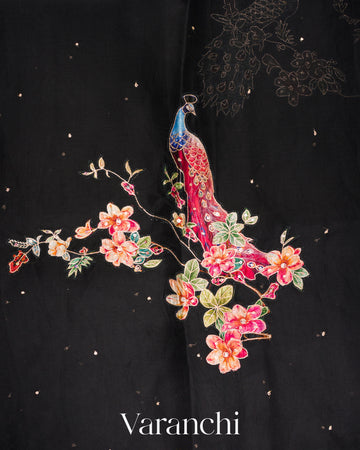 Black Digital Printed and Embroidered Pure Kora Silk Saree