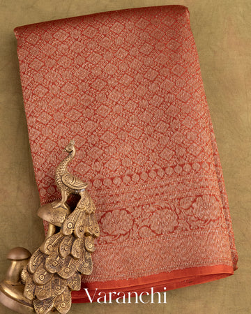 Rust Orange Heavy Brocade Pure Kora Silk Handloom Saree