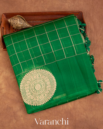Dark Green Checks Pure Kora Silk Handloom Saree