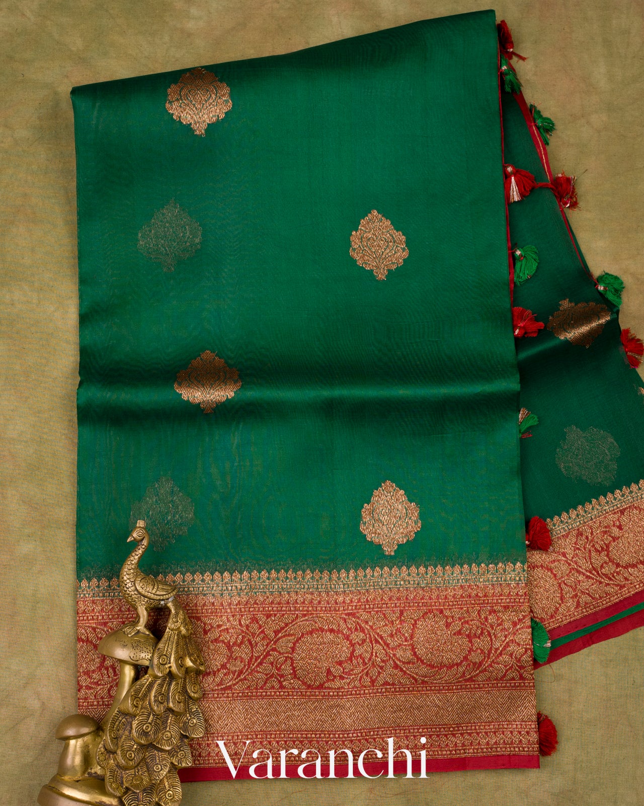 Dark Green Pure Kora Silk Handloom Saree