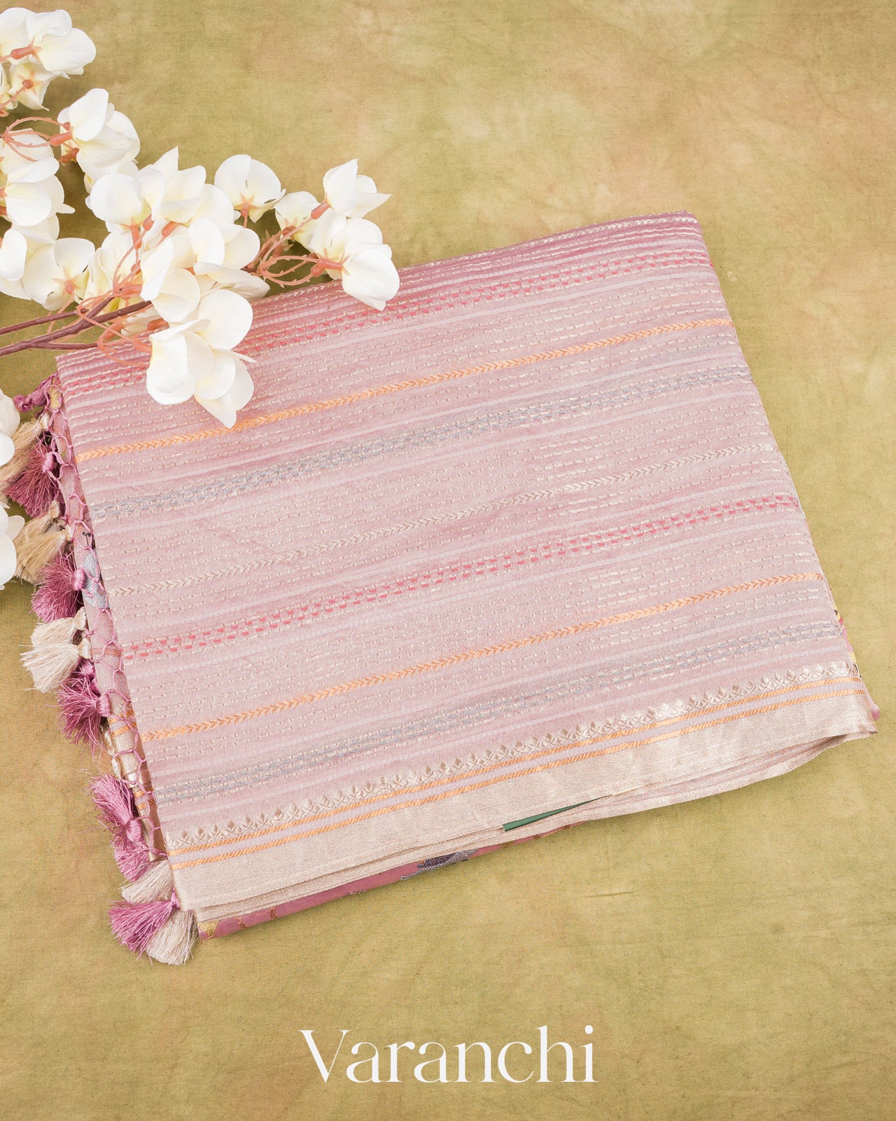 Baby Lilac Embroidered and Pure Tissue Kora Silk Saree