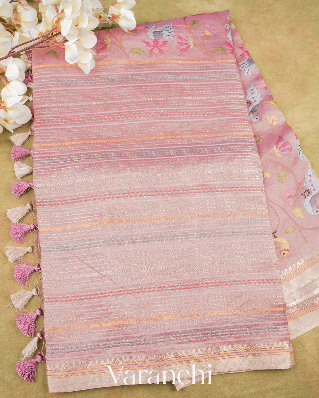 Baby Lilac Embroidered and Pure Tissue Kora Silk Saree