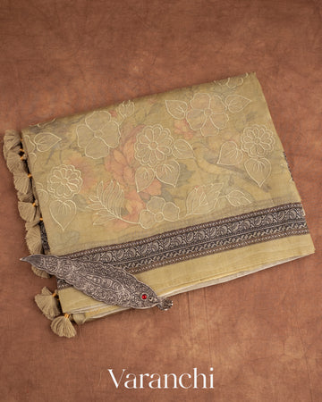 Muted Yellow Floral Applique Pure Kora Silk Saree