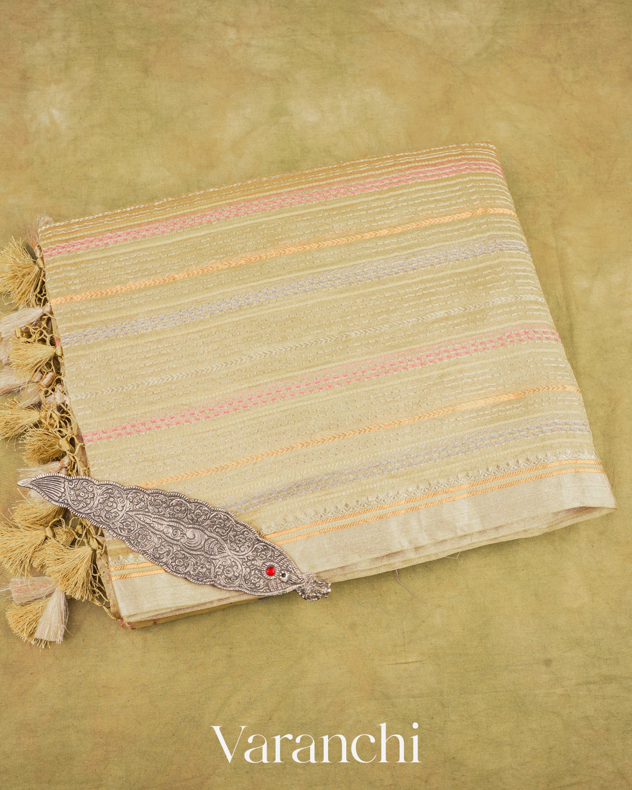 Light Mustard Embroidered and Pure Tissue Kora Silk Saree