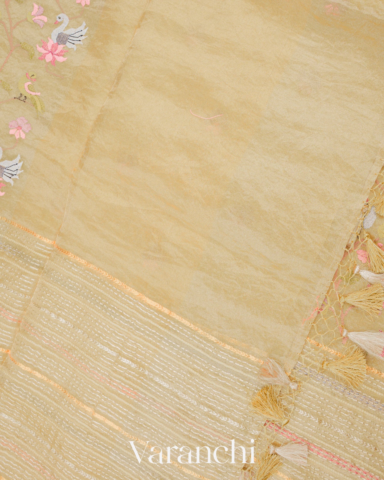 Light Mustard Embroidered and Pure Tissue Kora Silk Saree