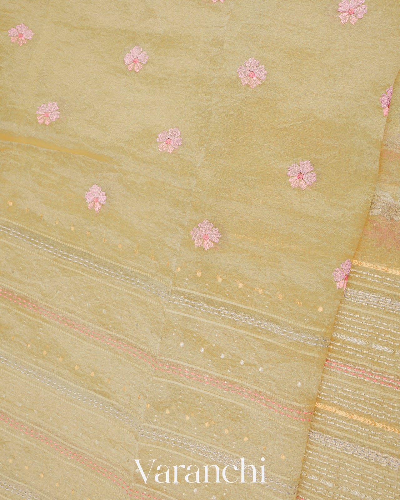 Light Mustard Embroidered and Pure Tissue Kora Silk Saree
