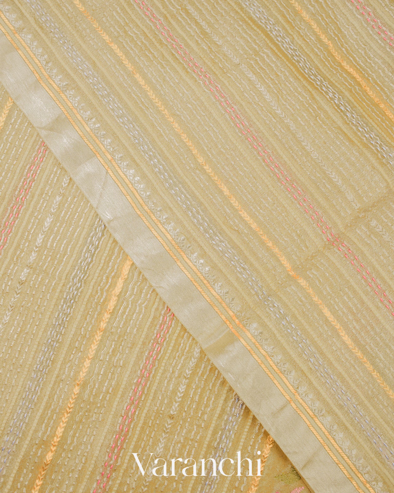 Light Mustard Embroidered and Pure Tissue Kora Silk Saree