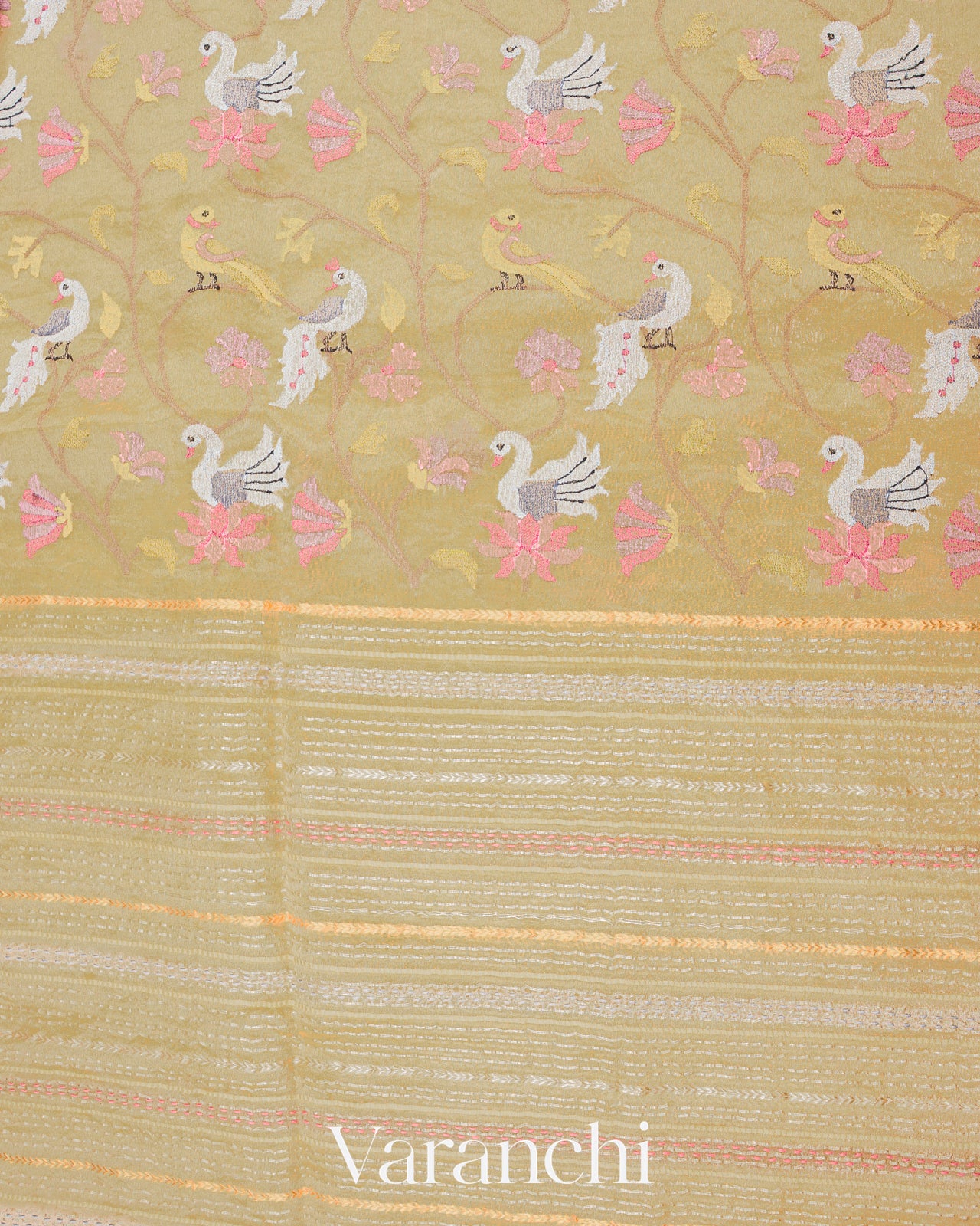 Light Mustard Embroidered and Pure Tissue Kora Silk Saree
