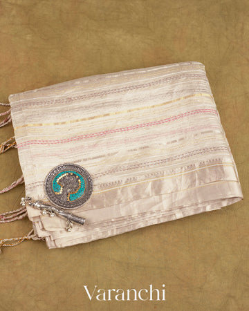 Pearl White Embroidered and Applique Pure Tissue Kora Silk Saree