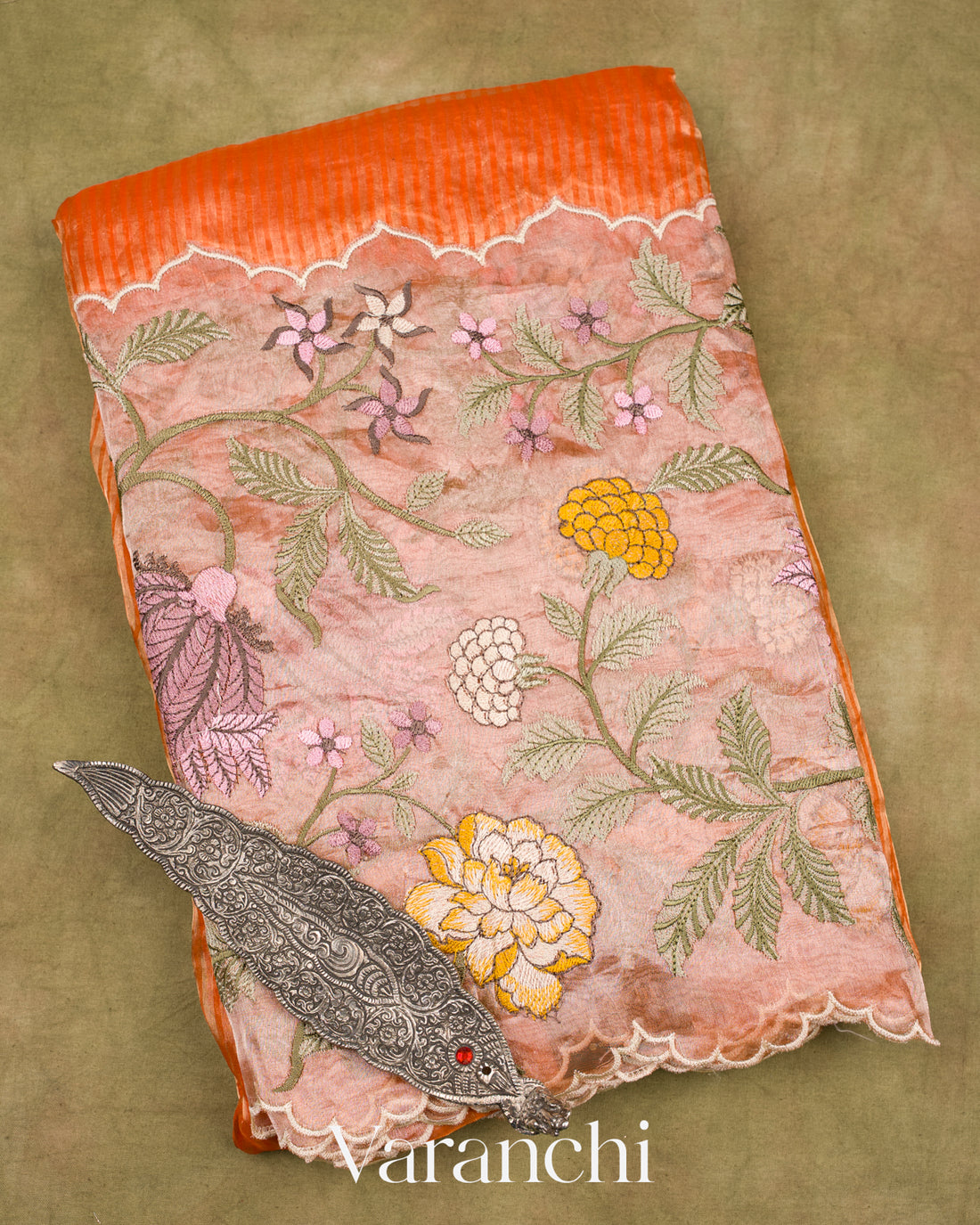 Orange Tissue Striped and Embroidered Border Pure Kora Silk Saree