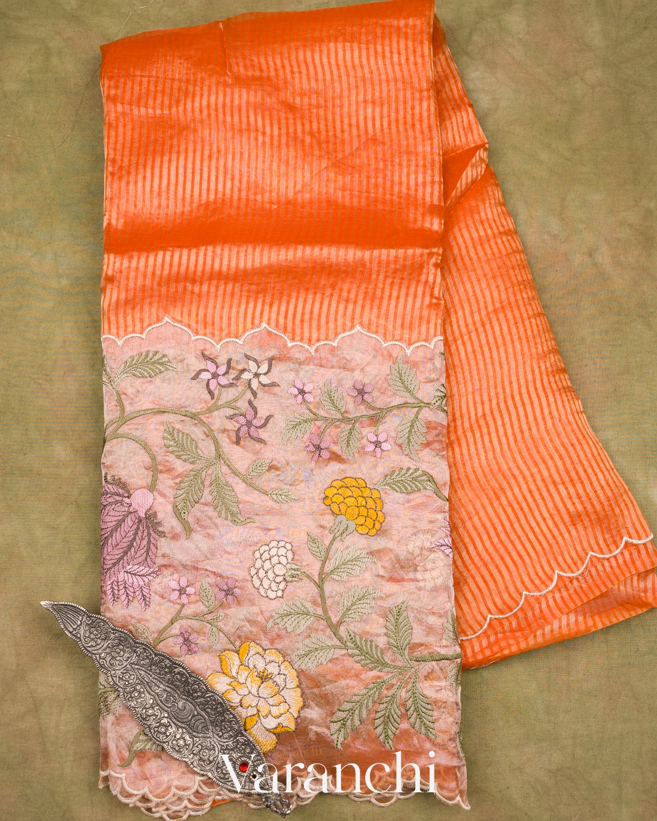 Orange Tissue Striped and Embroidered Border Pure Kora Silk Saree