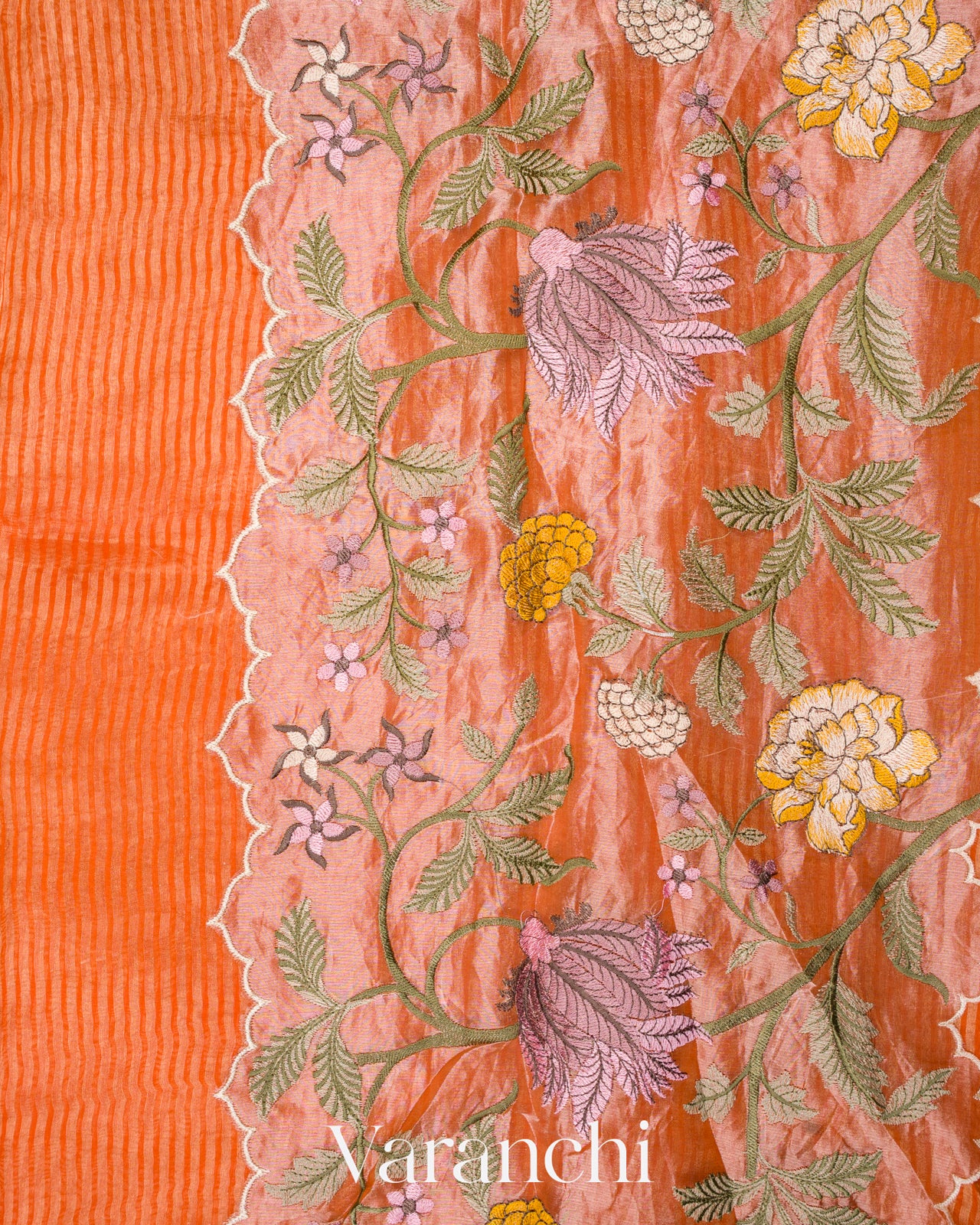 Orange Tissue Striped and Embroidered Border Pure Kora Silk Saree