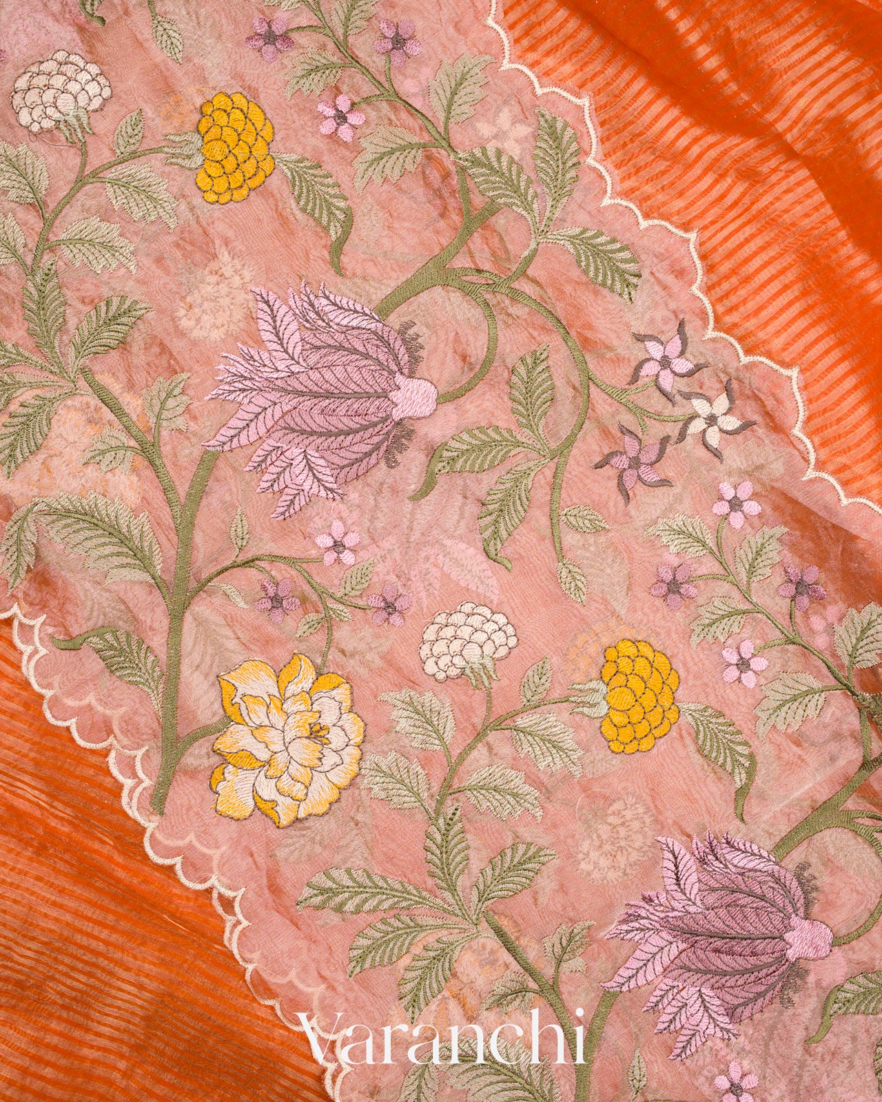 Orange Tissue Striped and Embroidered Border Pure Kora Silk Saree