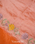 Orange Tissue Striped and Embroidered Border Pure Kora Silk Saree