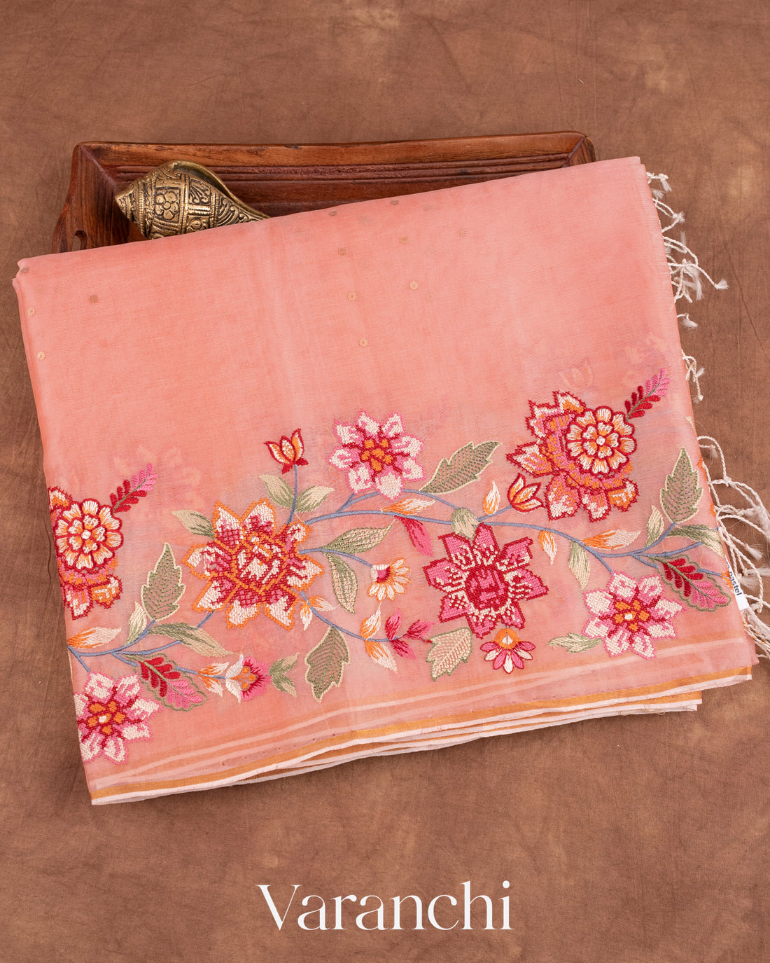Baby Pink Cross Stitch Embroidered Pure Kora Silk Saree
