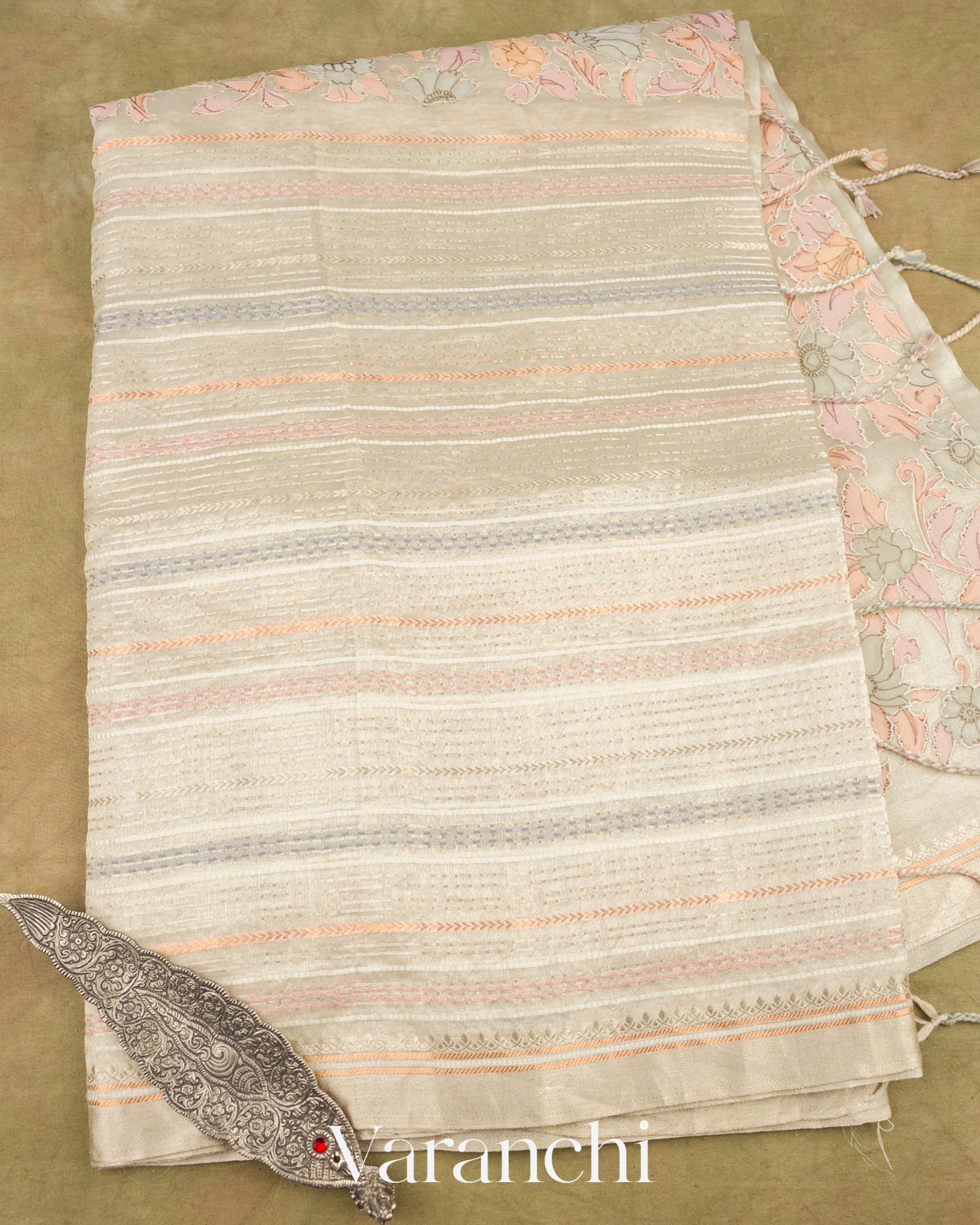 Pearl White Embroidered and Sandalwood Applique Pure Tissue Kora Silk Saree