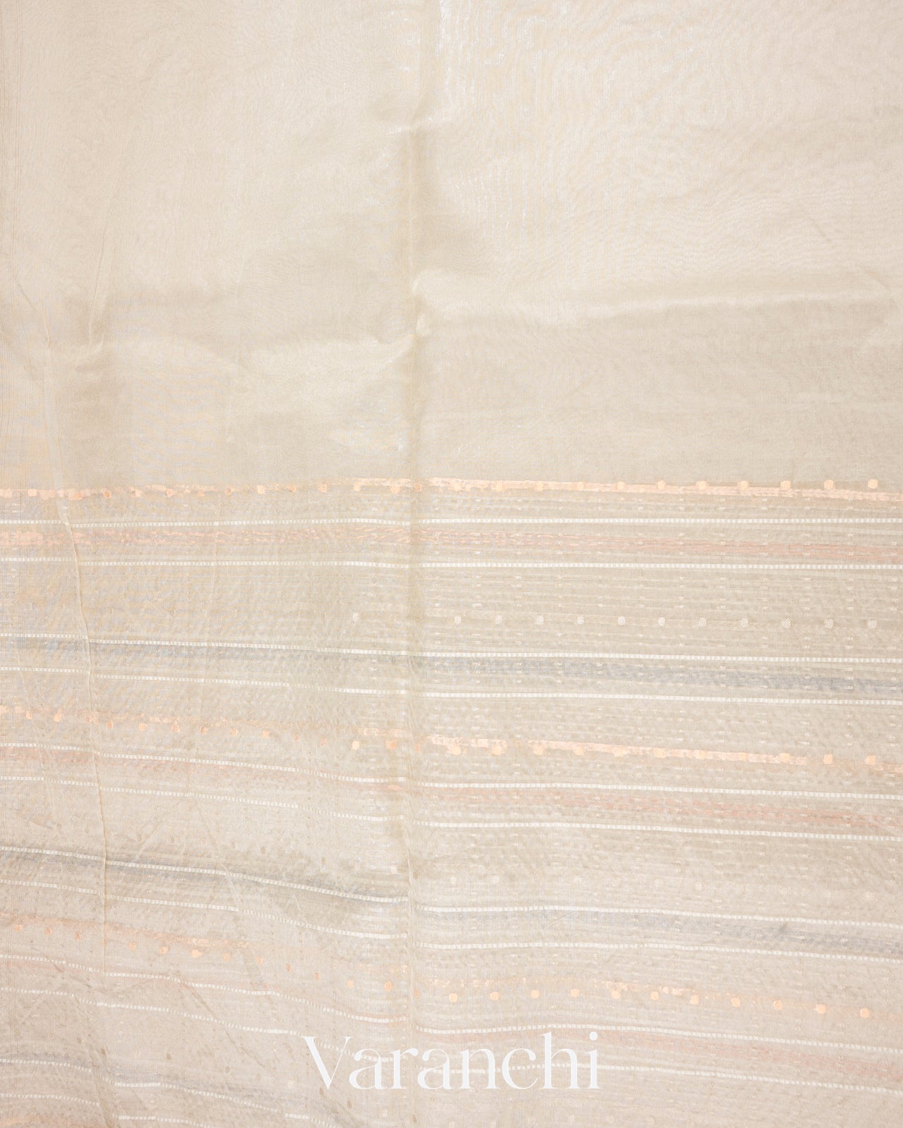 Pearl White Embroidered and Sandalwood Applique Pure Tissue Kora Silk Saree