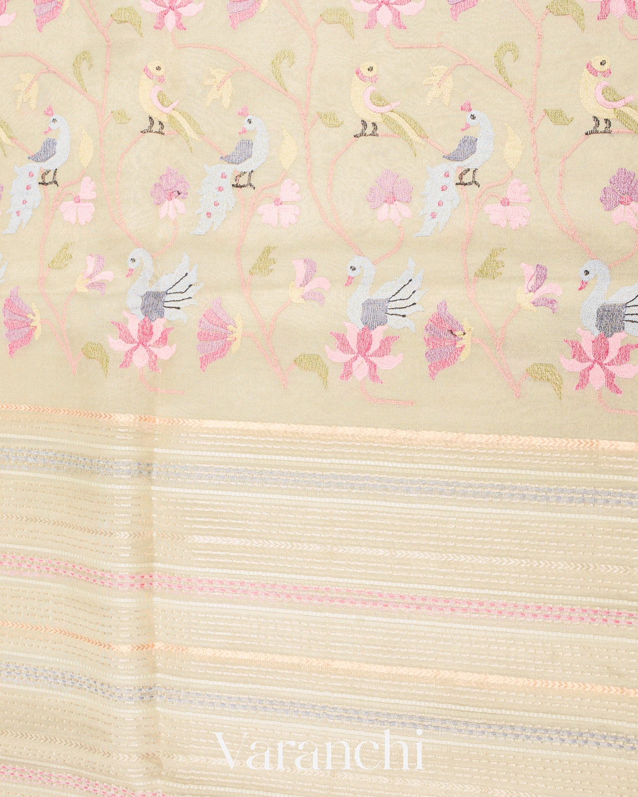 Pearl White Embroidered and Pure Tissue Kora Silk Saree