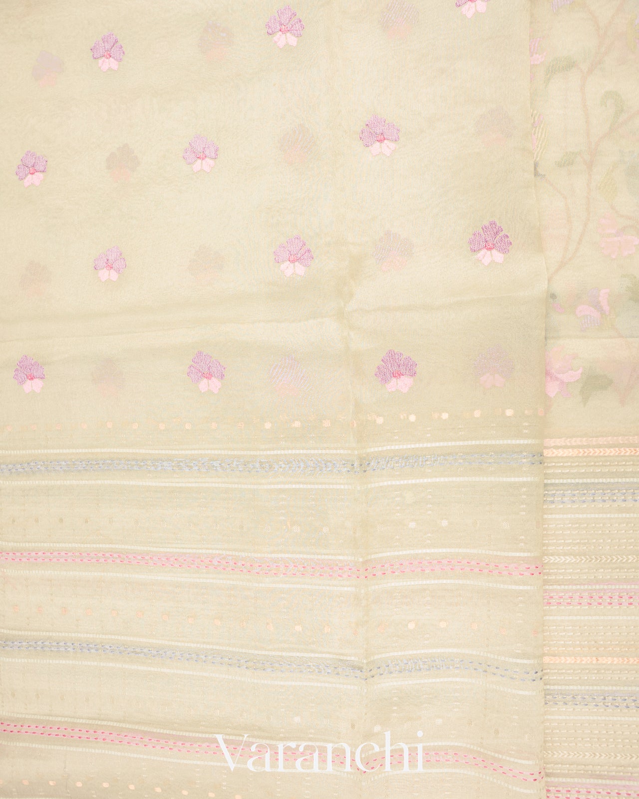 Pearl White Embroidered and Pure Tissue Kora Silk Saree