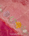 Rani Pink Tissue Striped and Embroidered Border Pure Kora Silk Saree