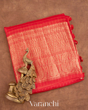 Bright Red Pure Crush Kora Silk Saree