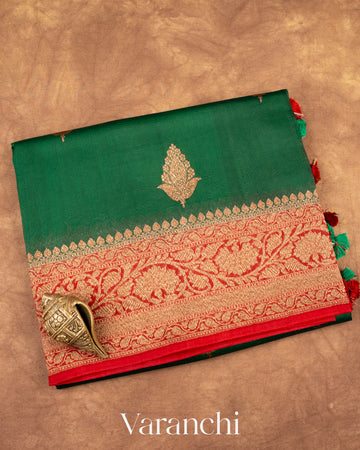 Bottle Green Pure Kora Silk Handloom Saree