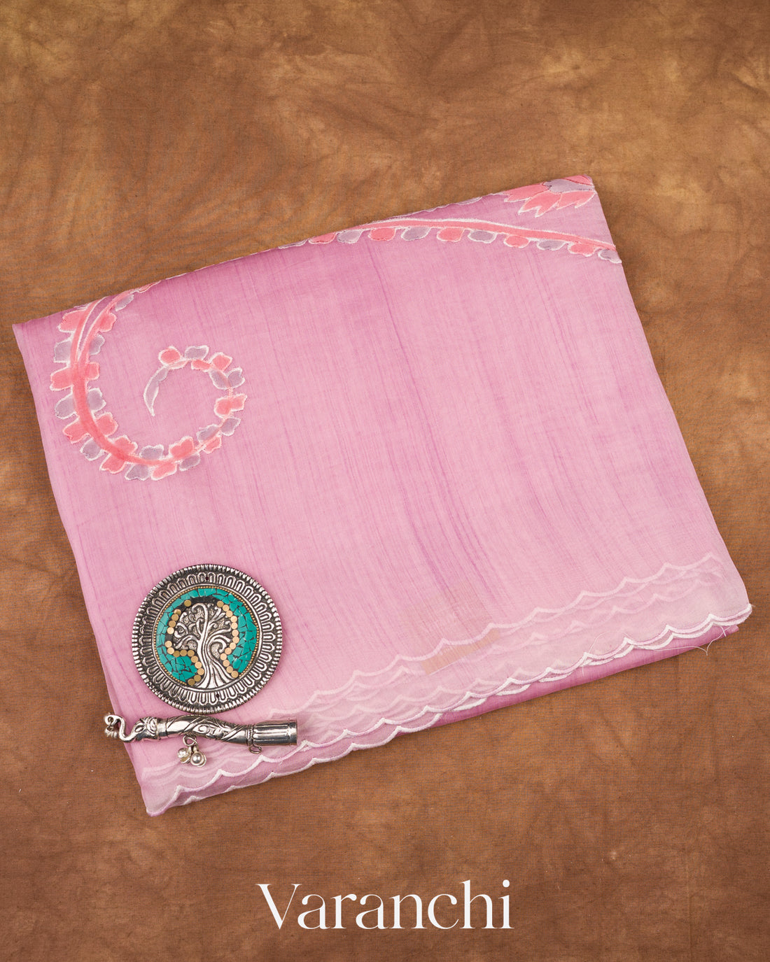 Onion Pink Floral Applique and Embroidered Pure Kora Silk Saree