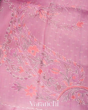 Onion Pink Floral Applique and Embroidered Pure Kora Silk Saree