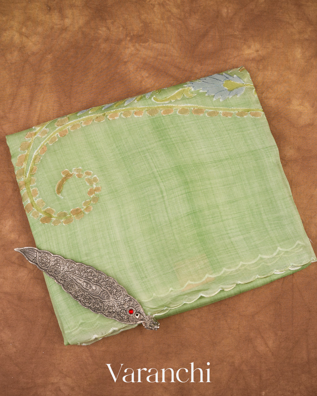 Pista Green Floral Applique and Embroidered Pure Kora Silk Saree