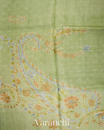 Pista Green Floral Applique and Embroidered Pure Kora Silk Saree