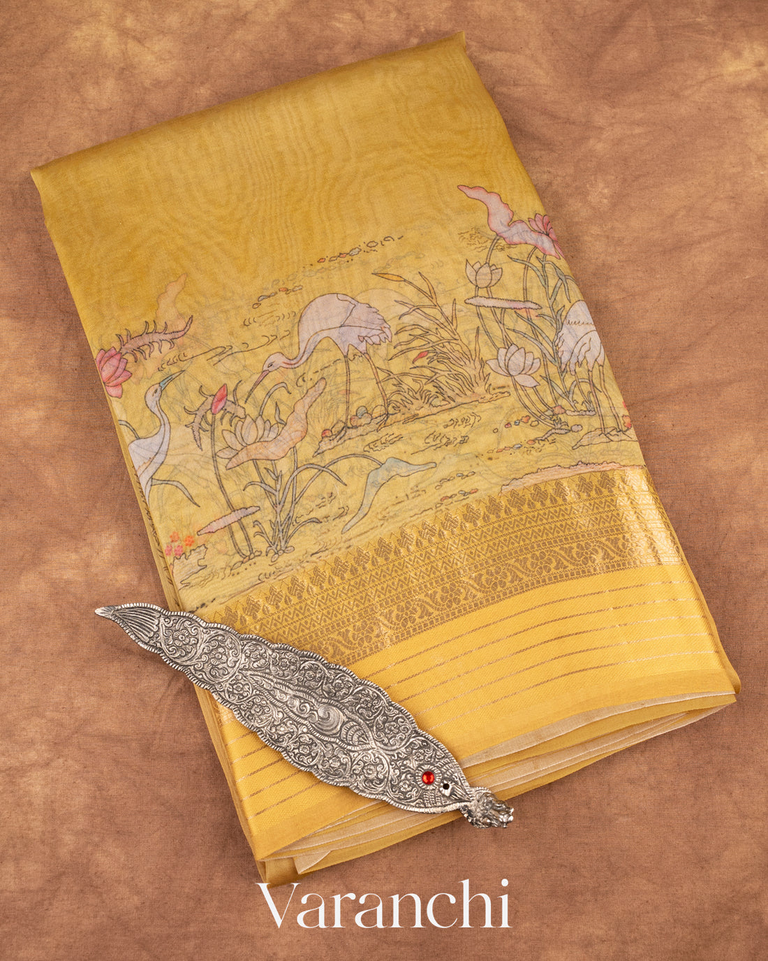 Mustard yellow Digital Printed Pure Kora Silk Saree