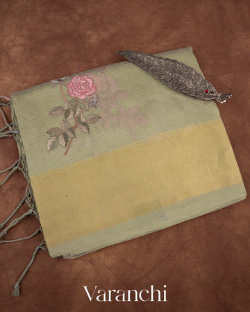 Sage Green Floral Applique and Embroidered Pure Kora Silk Saree