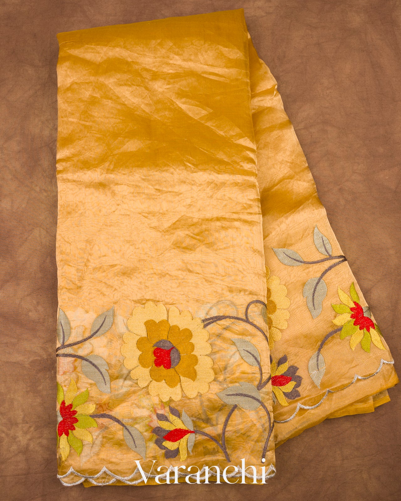 Mustard Yellow Floral Embroidered Pure Tissue Kora Silk Saree