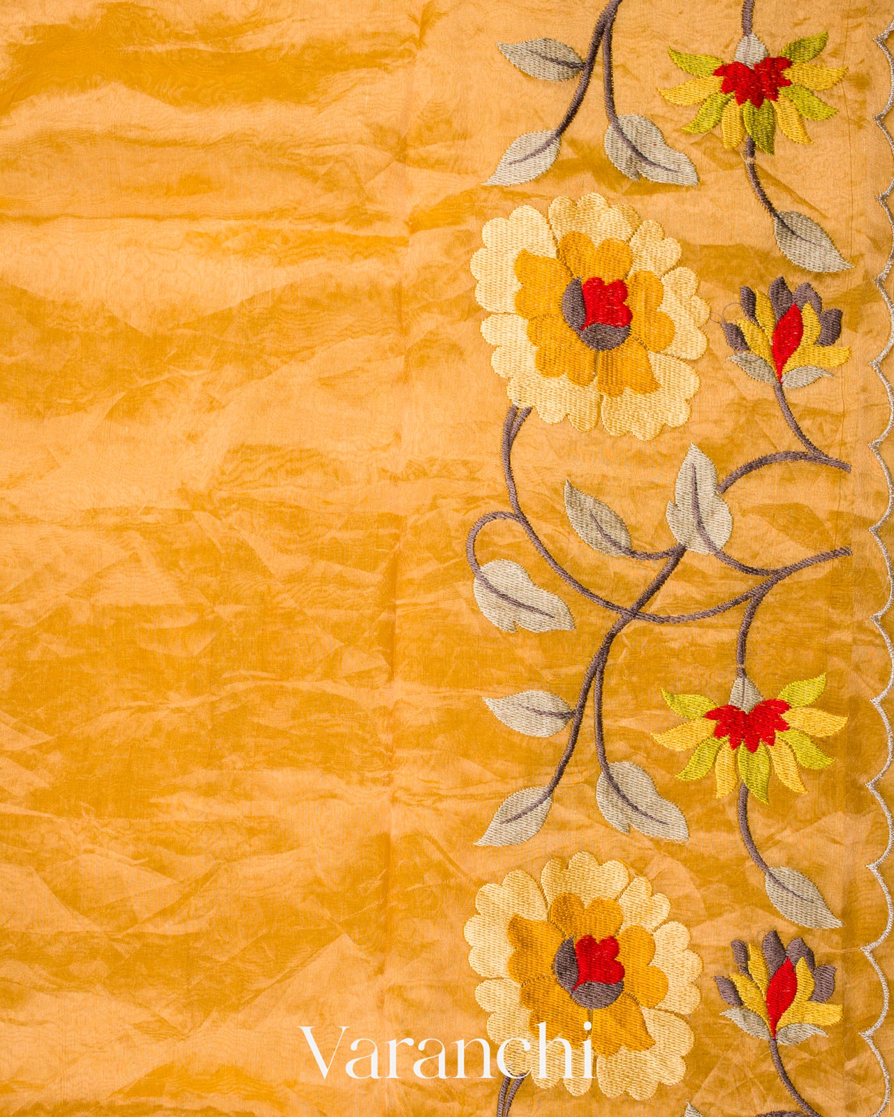 Mustard Yellow Floral Embroidered Pure Tissue Kora Silk Saree