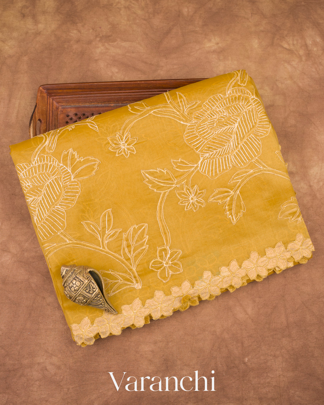 Yellow Embroidered Pure Kora Silk Saree