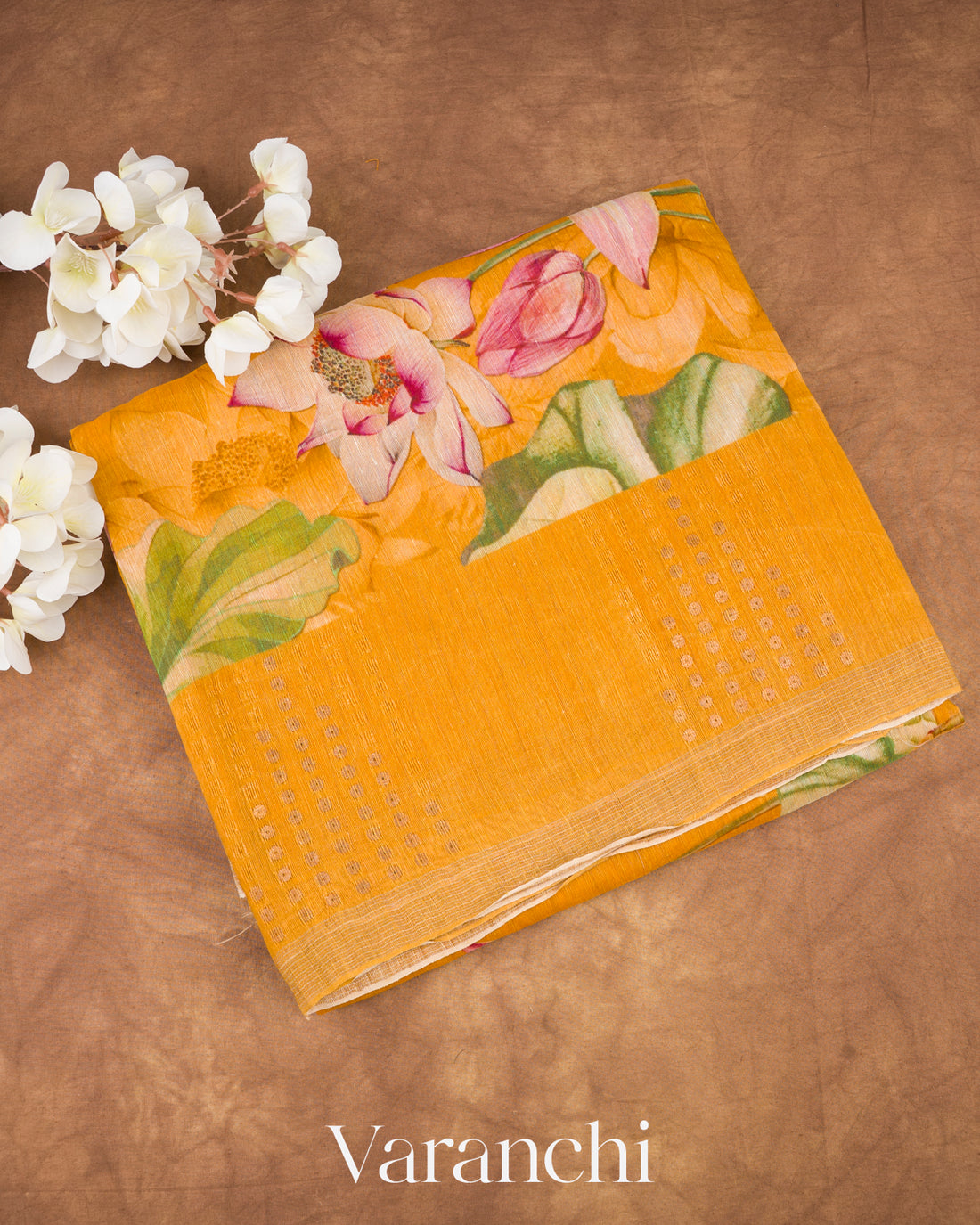 Amber Yellow Digital Printed Pure Linen Kora Silk Handloom Saree