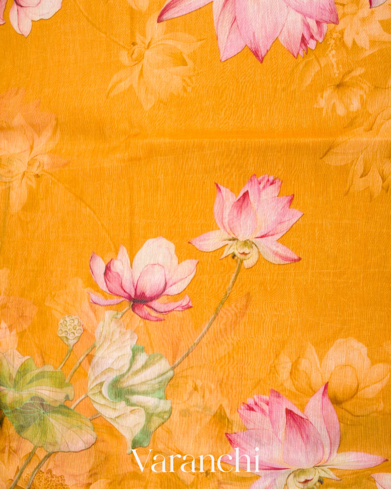 Amber Yellow Digital Printed Pure Linen Kora Silk Handloom Saree