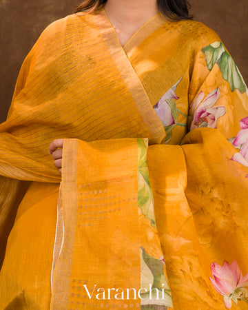 Amber Yellow Digital Printed Pure Linen Kora Silk Handloom Saree