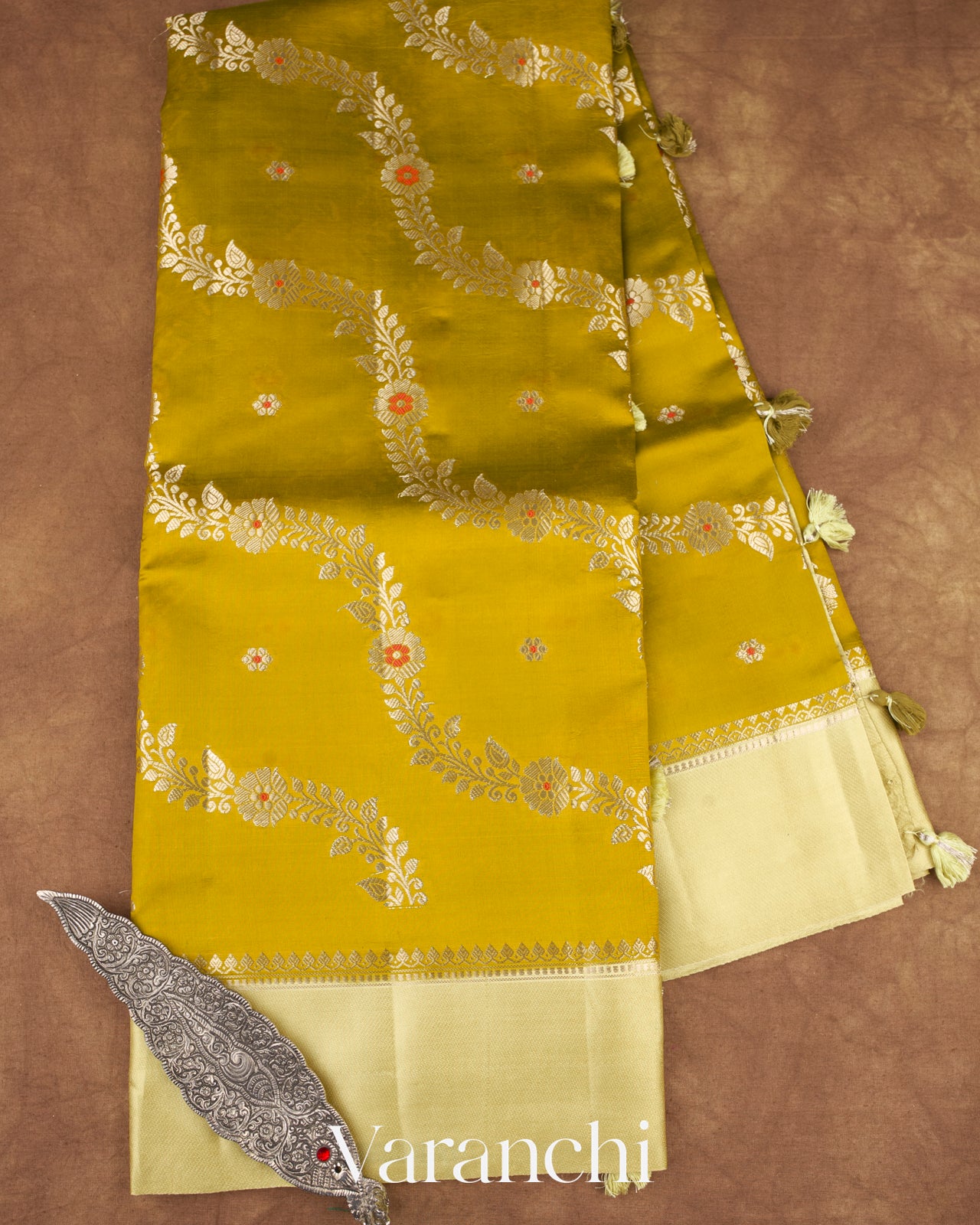 Mustard Yellow Lehariya Pure Mango Silk Handloom Saree